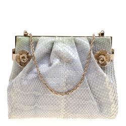 Valentino Grey Python Embellished Flower Lock Evening Bag