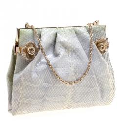 Valentino Grey Python Embellished Flower Lock Evening Bag