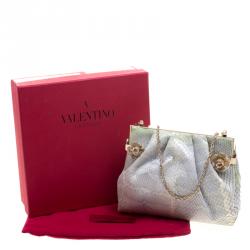 Valentino Grey Python Embellished Flower Lock Evening Bag
