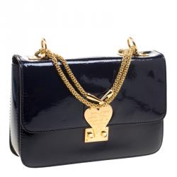 Pre Owned Valentino Navy Blue Patent Leather L'amour Chain Shoulder Bag