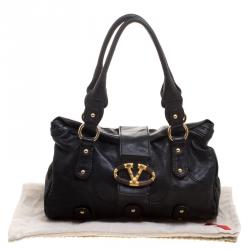 Pre Owned Valentino Black Leather and Crystal Catch Satchel