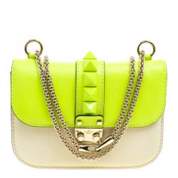 Pre Owned Valentino Neon Green/Light Beige Leather Small Rockstud Glam Lock Shoulder Bag