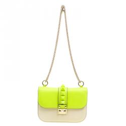 Pre Owned Valentino Neon Green/Light Beige Leather Small Rockstud Glam Lock Shoulder Bag