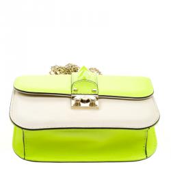 Pre Owned Valentino Neon Green/Light Beige Leather Small Rockstud Glam Lock Shoulder Bag