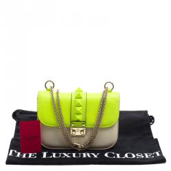 Pre Owned Valentino Neon Green/Light Beige Leather Small Rockstud Glam Lock Shoulder Bag