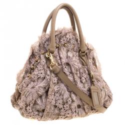 Pre Owned Valentino Pink/Beige Lace and Leather Hobo