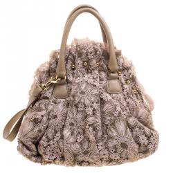Pre Owned Valentino Pink/Beige Lace and Leather Hobo