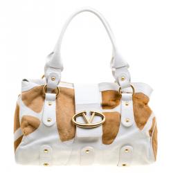 Pre Owned Valentino White/Beige Leather and Calfhair Satchel