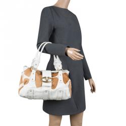 Pre Owned Valentino White/Beige Leather and Calfhair Satchel