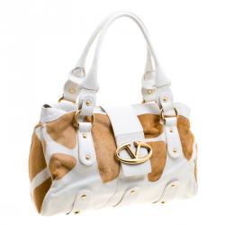 Pre Owned Valentino White/Beige Leather and Calfhair Satchel