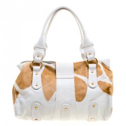 Pre Owned Valentino White/Beige Leather and Calfhair Satchel