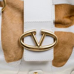 Pre Owned Valentino White/Beige Leather and Calfhair Satchel