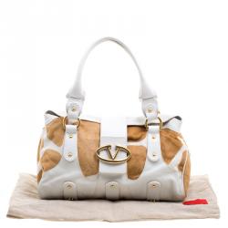 Pre Owned Valentino White/Beige Leather and Calfhair Satchel