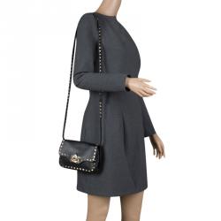 Pre Owned Valentino Black Leather Rockstud Flap Crossbody Bag
