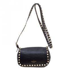 Pre Owned Valentino Black Leather Rockstud Flap Crossbody Bag