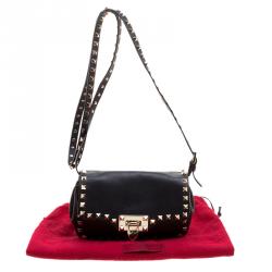 Pre Owned Valentino Black Leather Rockstud Flap Crossbody Bag