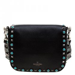 Pre Owned Valentino Black Leather Guitar Rockstud Rolling Crossbody Bag