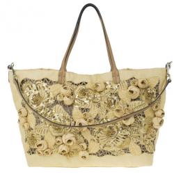 Pre Owned Valentino Beige Canvas Sequin Beaded Floral Applique Tote