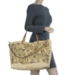 Pre Owned Valentino Beige Canvas Sequin Beaded Floral Applique Tote