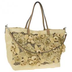 Pre Owned Valentino Beige Canvas Sequin Beaded Floral Applique Tote