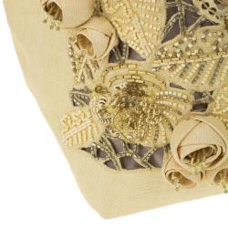 Pre Owned Valentino Beige Canvas Sequin Beaded Floral Applique Tote