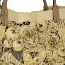 Pre Owned Valentino Beige Canvas Sequin Beaded Floral Applique Tote