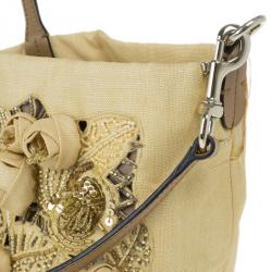 Pre Owned Valentino Beige Canvas Sequin Beaded Floral Applique Tote