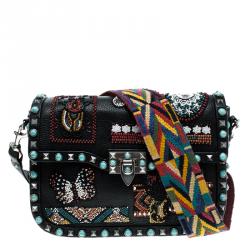 Pre Owned Valentino Black Leather Medium Beaded Patch Rolling Rockstud Shoulder Bag	