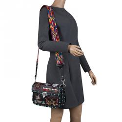 Pre Owned Valentino Black Leather Medium Beaded Patch Rolling Rockstud Shoulder Bag	