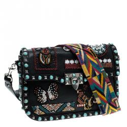 Pre Owned Valentino Black Leather Medium Beaded Patch Rolling Rockstud Shoulder Bag	