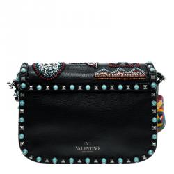 Pre Owned Valentino Black Leather Medium Beaded Patch Rolling Rockstud Shoulder Bag	