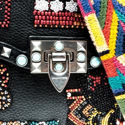 Pre Owned Valentino Black Leather Medium Beaded Patch Rolling Rockstud Shoulder Bag	