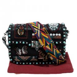 Pre Owned Valentino Black Leather Medium Beaded Patch Rolling Rockstud Shoulder Bag	