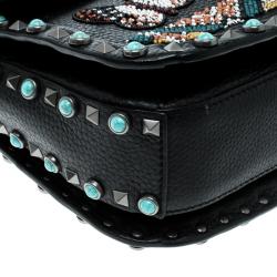 Pre Owned Valentino Black Leather Medium Beaded Patch Rolling Rockstud Shoulder Bag	