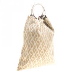 Pre Owned Valentino Beige Logo Canvas Ring Loop Handle Clutch
