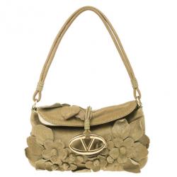 Pre Owned Valentino Green Leather Flower Appliqué Shoulder Bag