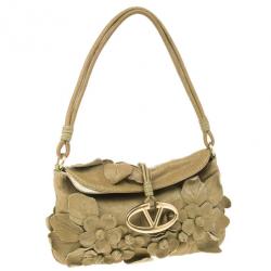Pre Owned Valentino Green Leather Flower Appliqué Shoulder Bag