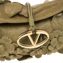 Pre Owned Valentino Green Leather Flower Appliqué Shoulder Bag