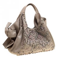 Pre Owned Valentino Beige Leather Pearl Embellished Hobo