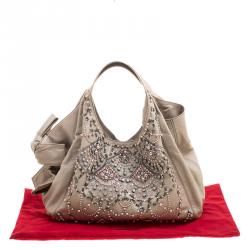 Pre Owned Valentino Beige Leather Pearl Embellished Hobo