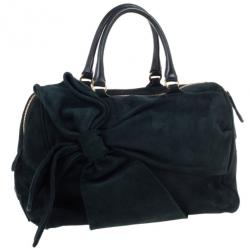 Pre Owned Valentino Green Suede Leather Bow Boston Bag