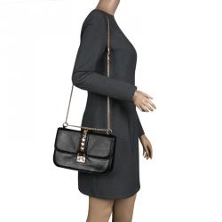 Pre Owned Valentino Black Leather Rockstud Medium Glam Lock Flap Bag