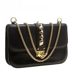 Pre Owned Valentino Black Leather Rockstud Medium Glam Lock Flap Bag