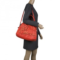 Pre Owned Valentino Red Leather Floral Applique Dome Satchel
