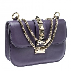 Pre Owned Valentino Purple Leather Rockstud Small Glam Lock Shoulder Bag