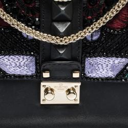 Pre Owned Valentino Black Leather Medium Beads Embellished Glam Lock Shoulder Bag