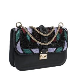 Pre Owned Valentino Black Leather Medium Beads Embellished Glam Lock Shoulder Bag