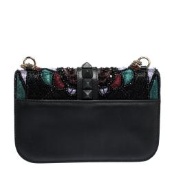 Pre Owned Valentino Black Leather Medium Beads Embellished Glam Lock Shoulder Bag