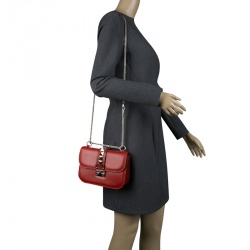 Pre Owned Valentino Red Leather Small Rockstud Glam Lock Shoulder Bag