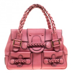 VALENTINO ROSE BLUSH LEATHER BIG FLOWER PETALE DOME TOP HANDLES BAG Fuchsia